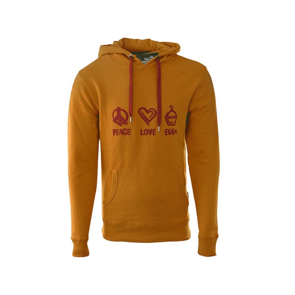 Afbeelding van HOODIE PEACE, LOVE, EGGS OCHER YELLOW-BORDEAX XS